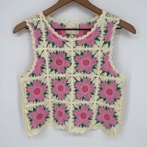 EASY CLOTHES 100% COTTON CROCHET GRANNY SQUARE TOP NWT CREAM PINK FLOWERS OS